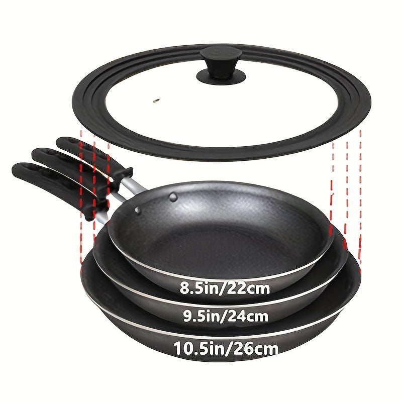 Universal pot and pan cover for kitchen made of 1pc multi-ply tempered glass lid with a heat resistant silicone ring. Fits 15.24cm-33.02cm cookware.