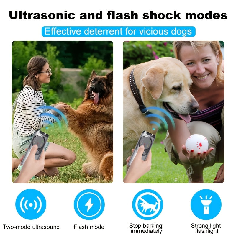 Rechargeable bark control device with LED flashlight for training dogs, with USB charging and lithium battery.