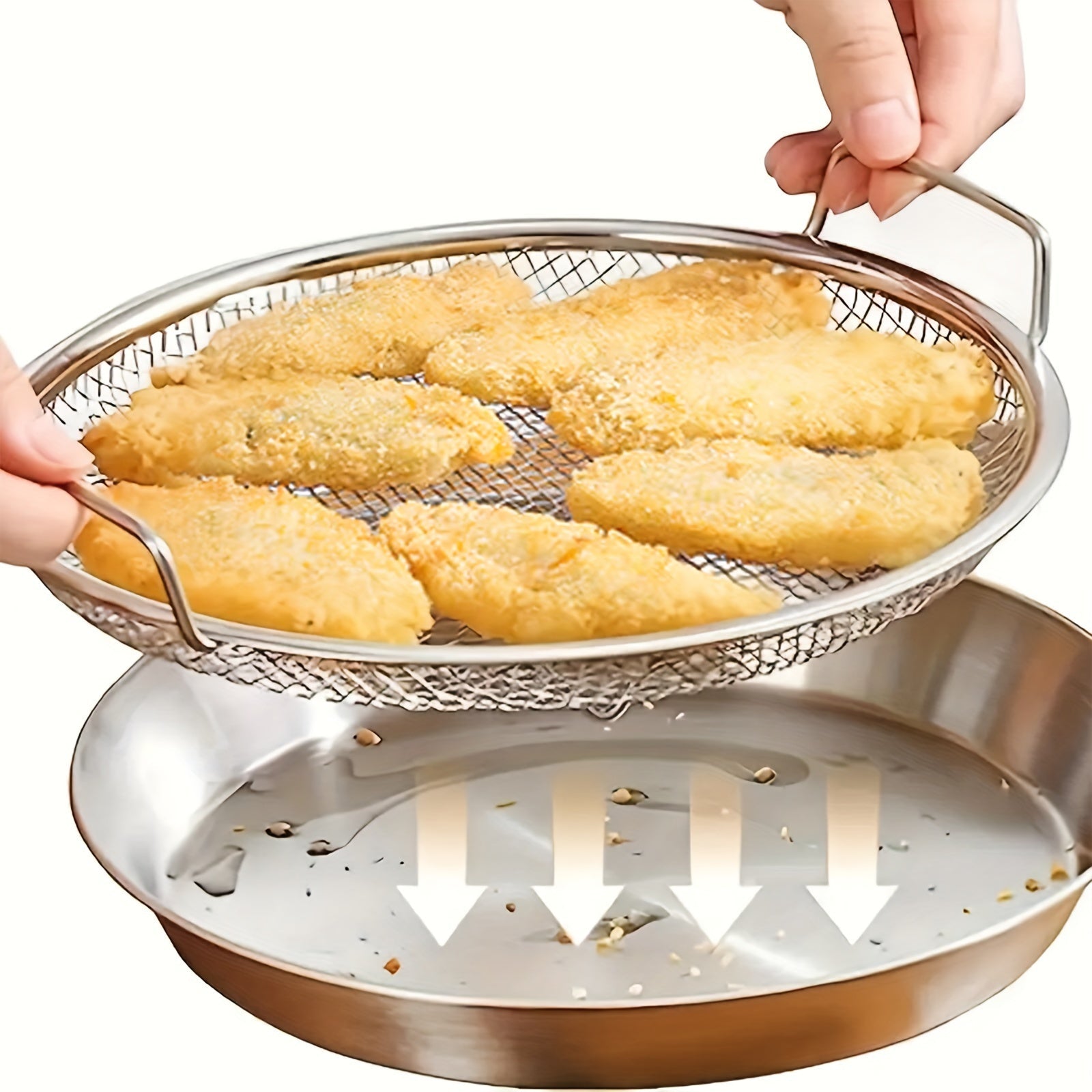 1 piece of a crisper basket that can be used for air frying and baking. This non-stick round tray comes with a mesh grill to catch grease, making it perfect for cooking crispy foods. Made of stainless steel, this basket is a handy kitchen tool and