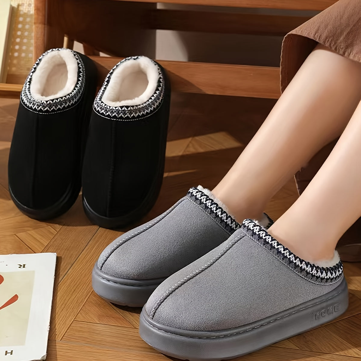 Winter slip-on slippers with cozy fabric, EVA sole, and machine washable design for both men and women.