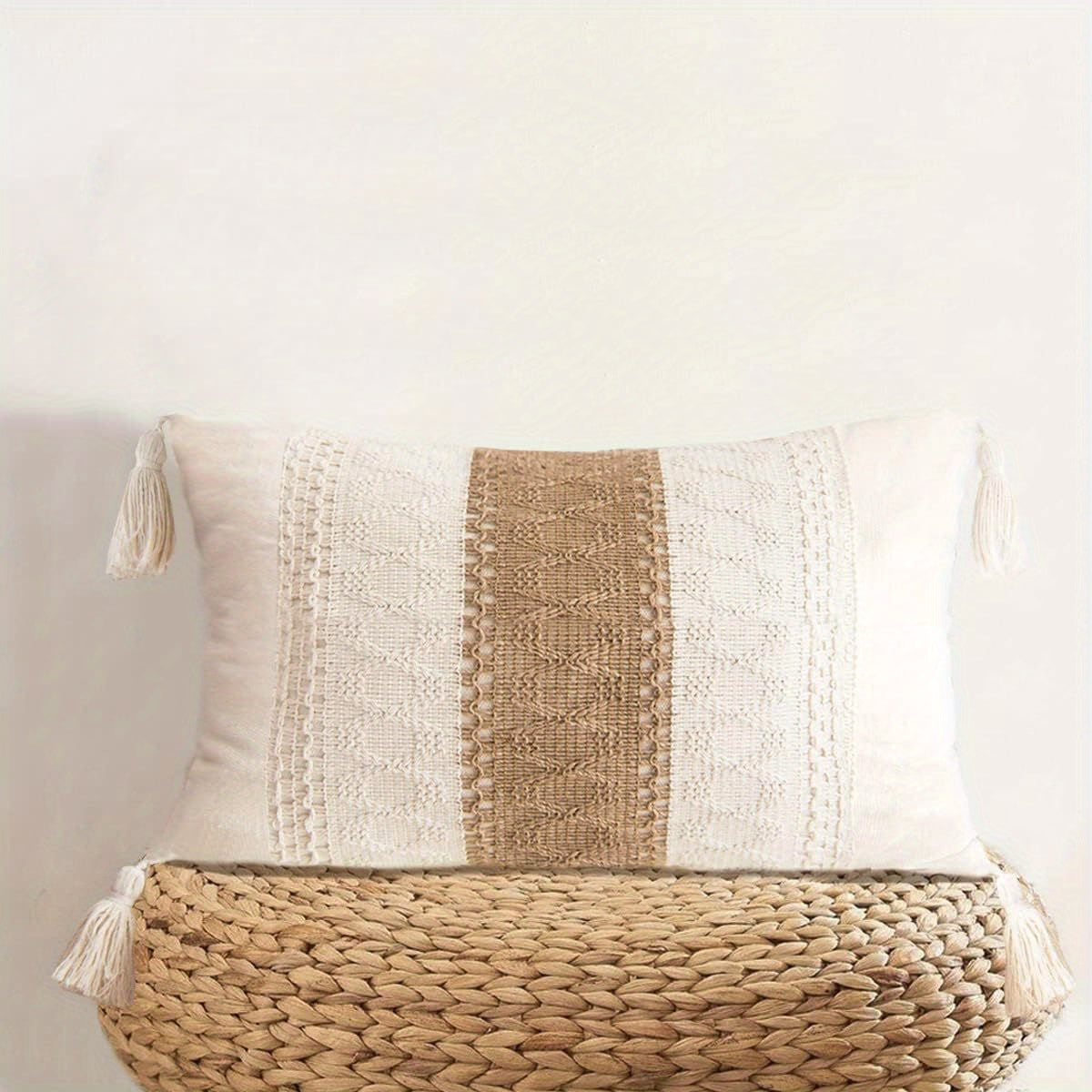 1pc Farmhouse throw pillow cover with tassels, cotton burlap, neutral decor for couch or sofa, living room or patio. Natural beige with single stripe design, no pillow included.