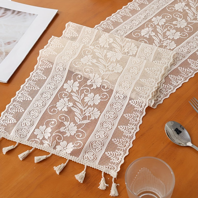 Long boho-chic lace table runner in farmhouse style, ideal for dining and bedroom decor, made of polyester blend.