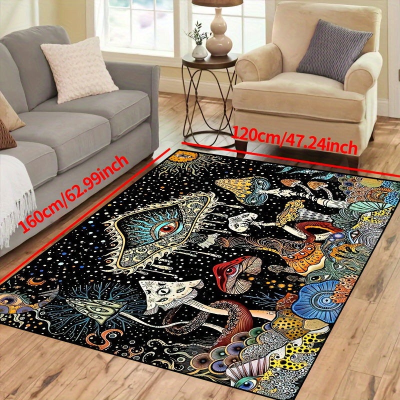 Non-slip, waterproof machine-washable polyester mat featuring a whimsical octopus and mushroom eyes design. Ideal for living room, bedroom, nursery, and outdoor spaces.