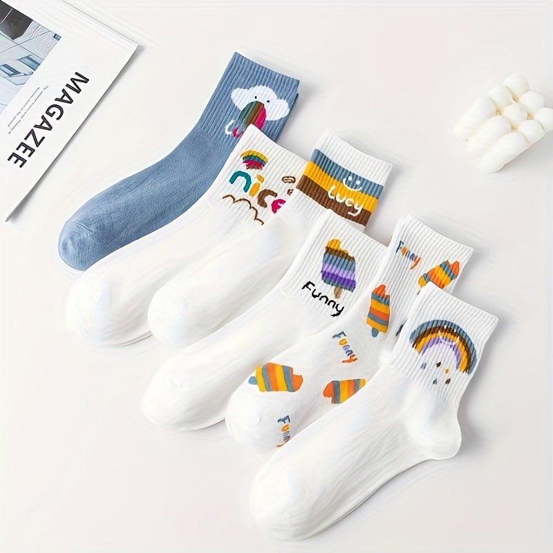 Cute and funny cartoon food print socks for women, 6 pairs in mid-tube style.