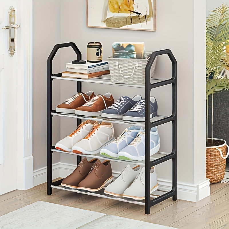 A stackable shoe rack with 4 tiers perfect for organizing shoes in dorms, bedrooms, entryways, hallways, and closets.