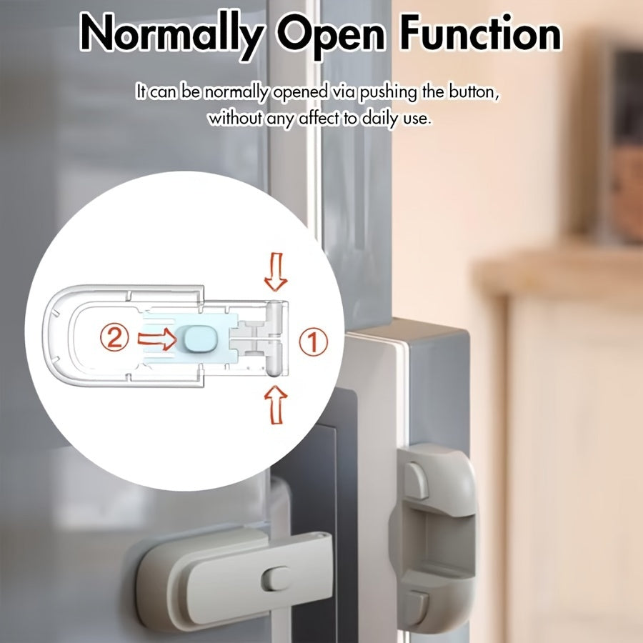 Safety latch for refrigerator door designed specifically for young children - made from non-toxic plastic for a secure, child-proof closure.