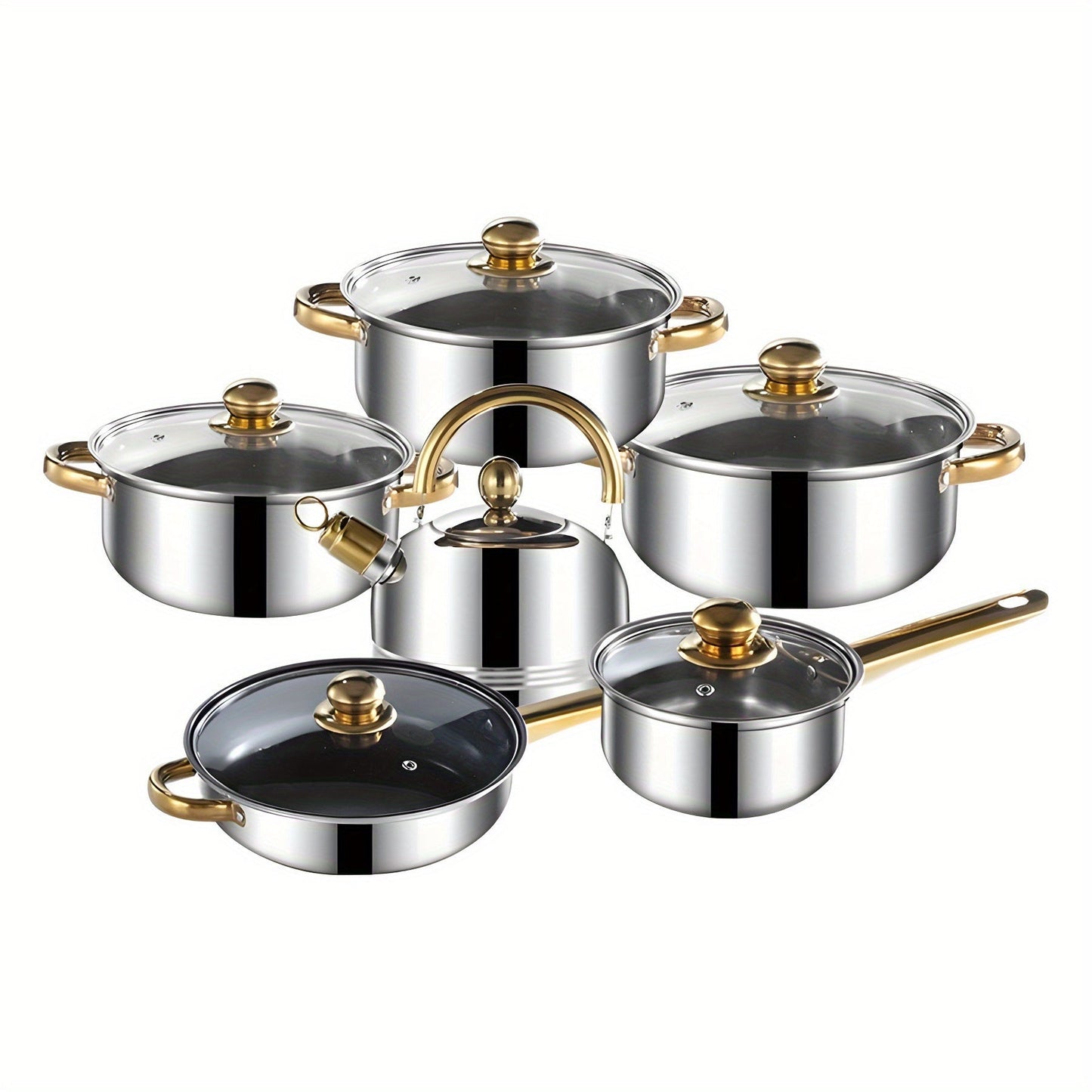 Stainless Steel Cookware Set with 12 Pieces, featuring Golden Handles, Removable Lids, and Interchangeable Pots and Pans for Use on All Stove Types