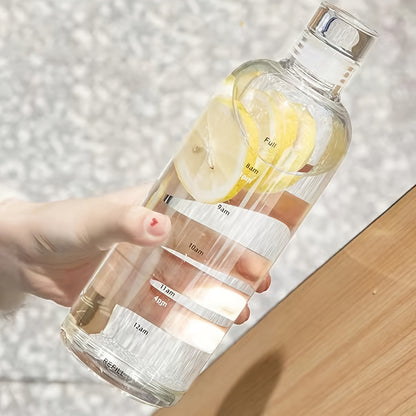 Reusable round plastic water bottle with time markers, ideal for various uses like office, school, and home, suitable for juice and iced drinks, hand wash only, and made of recyclable material.