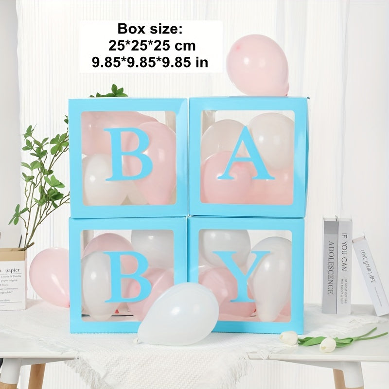 4-piece set of 9.85-inch baby gift box with BABY letters, including a white transparent square box and a transparent balloon box for birthday party decoration and gender reveal gifts (balloons not included).