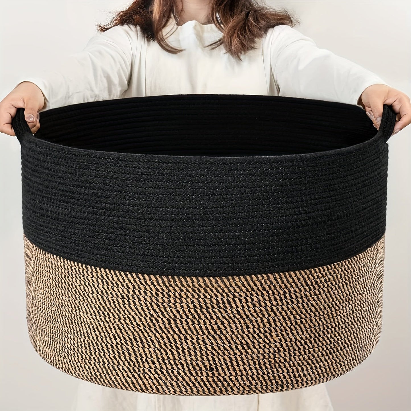 Versatile Black Jute Woven Basket with Handles - Durable 90L Capacity for Laundry, Toys, Pillows - Stylish Two-Tone Design for Living Room and Entryway Organization - Perfect Storage Solution