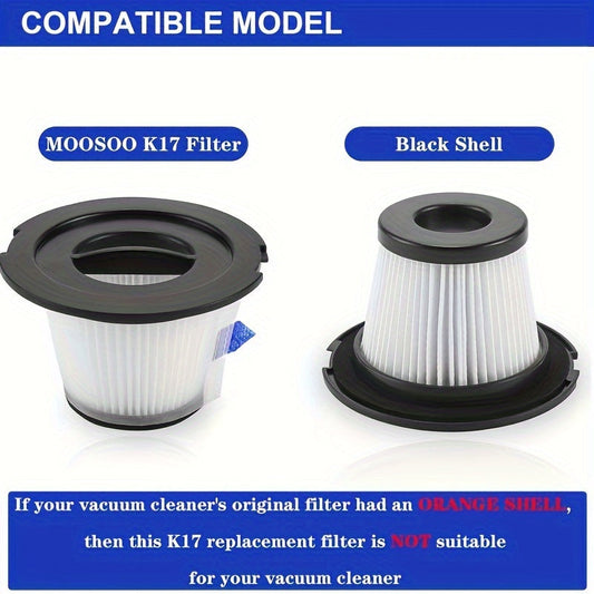 Not compatible with MOOSOO K17 Pro, the K17 Replacement Filter is suitable for use with MOOSOO K17 Cordless Vacuum, ORFELD V20, A18 NEQUARE 18KPa. Each pack includes 6 HEPA Filters and 6 Strainer Screens.