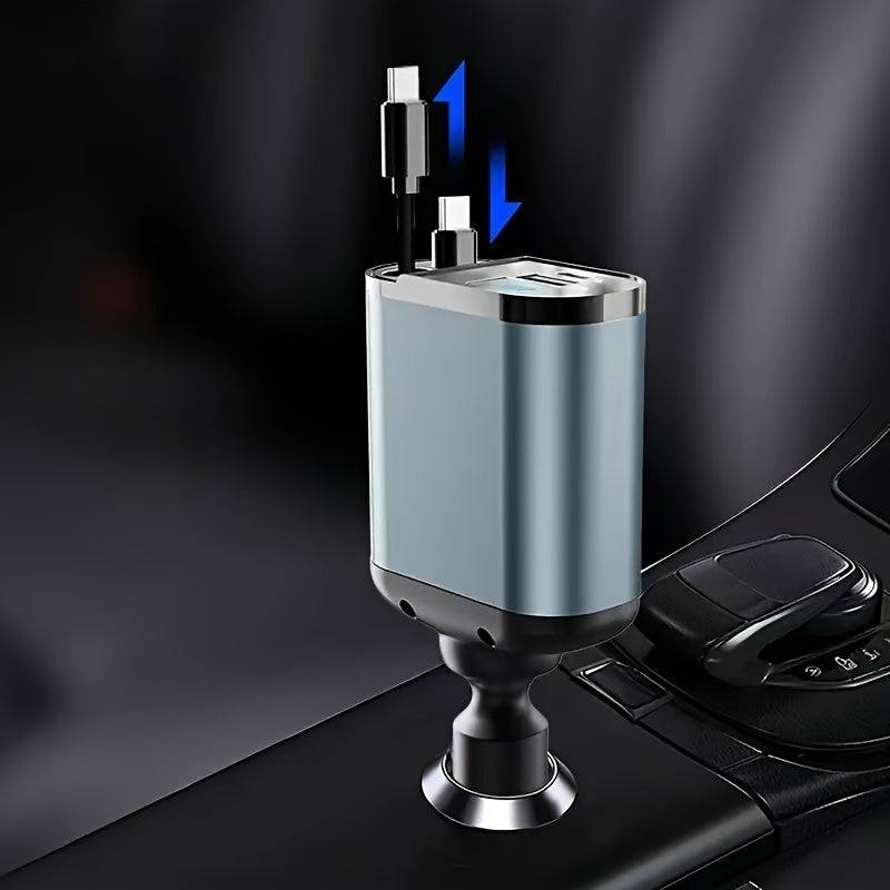 120W Fast retractable Type C car charger with two cables and USB port adapter.