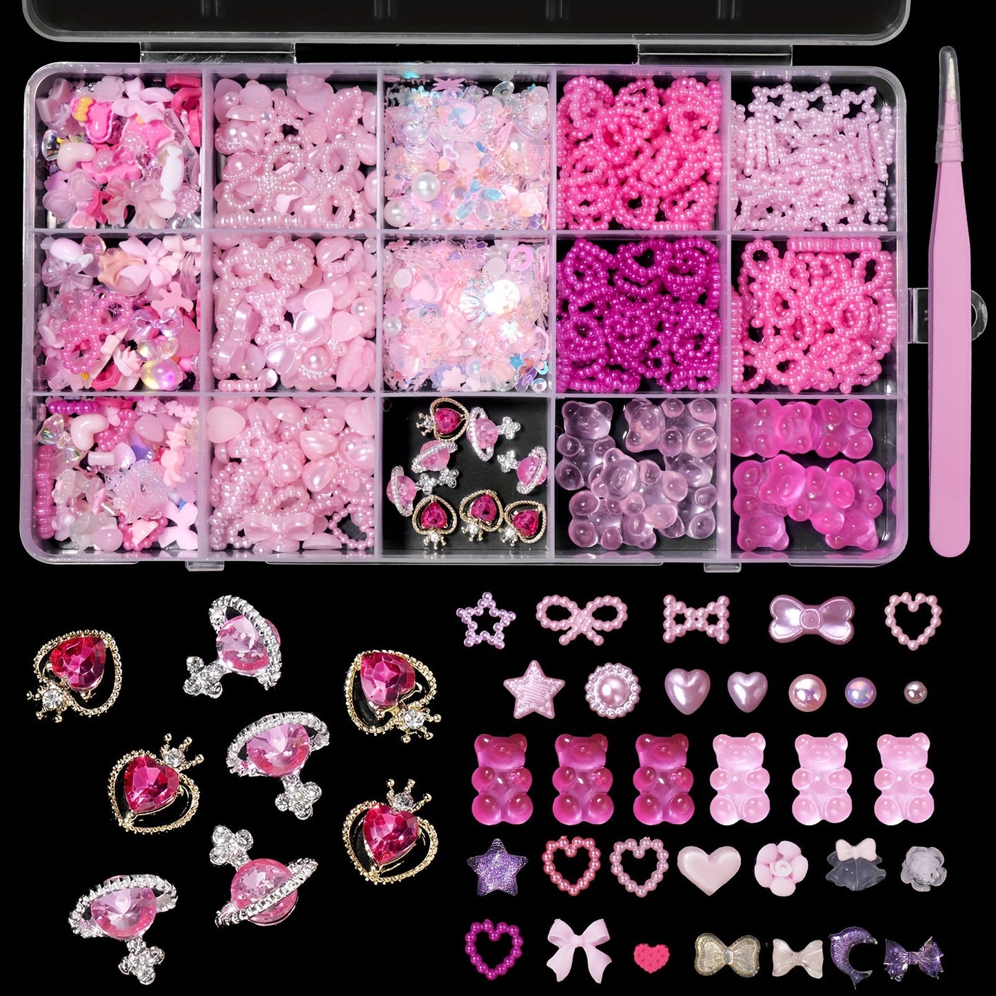 Adorable 3D Pink Nail Art Charms - Variety of Pearls, Gems, Hearts, Butterflies, Bows & Other Options for Creating Your Own Manicure and Jewelry Designs