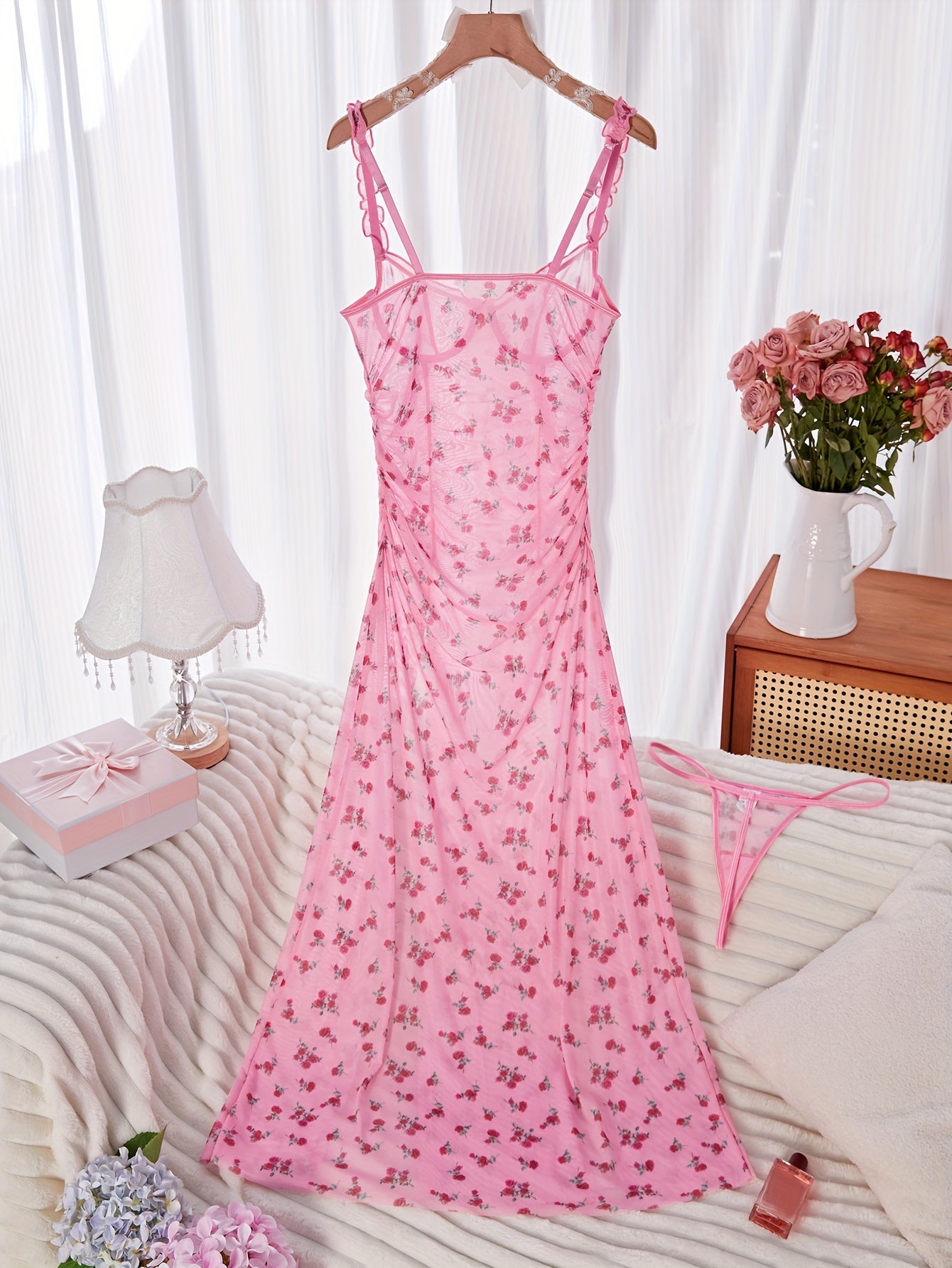 Floral print women's sleepwear set with high slit, ruched detailing, knit fabric, and non-padded top.