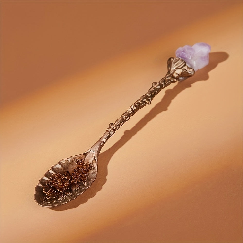 Set of four natural amethyst spoons featuring a tooth flower pattern and embossed design. Perfect for serving ice cream, desserts, stirring soup, cutting cake, and stirring coffee.