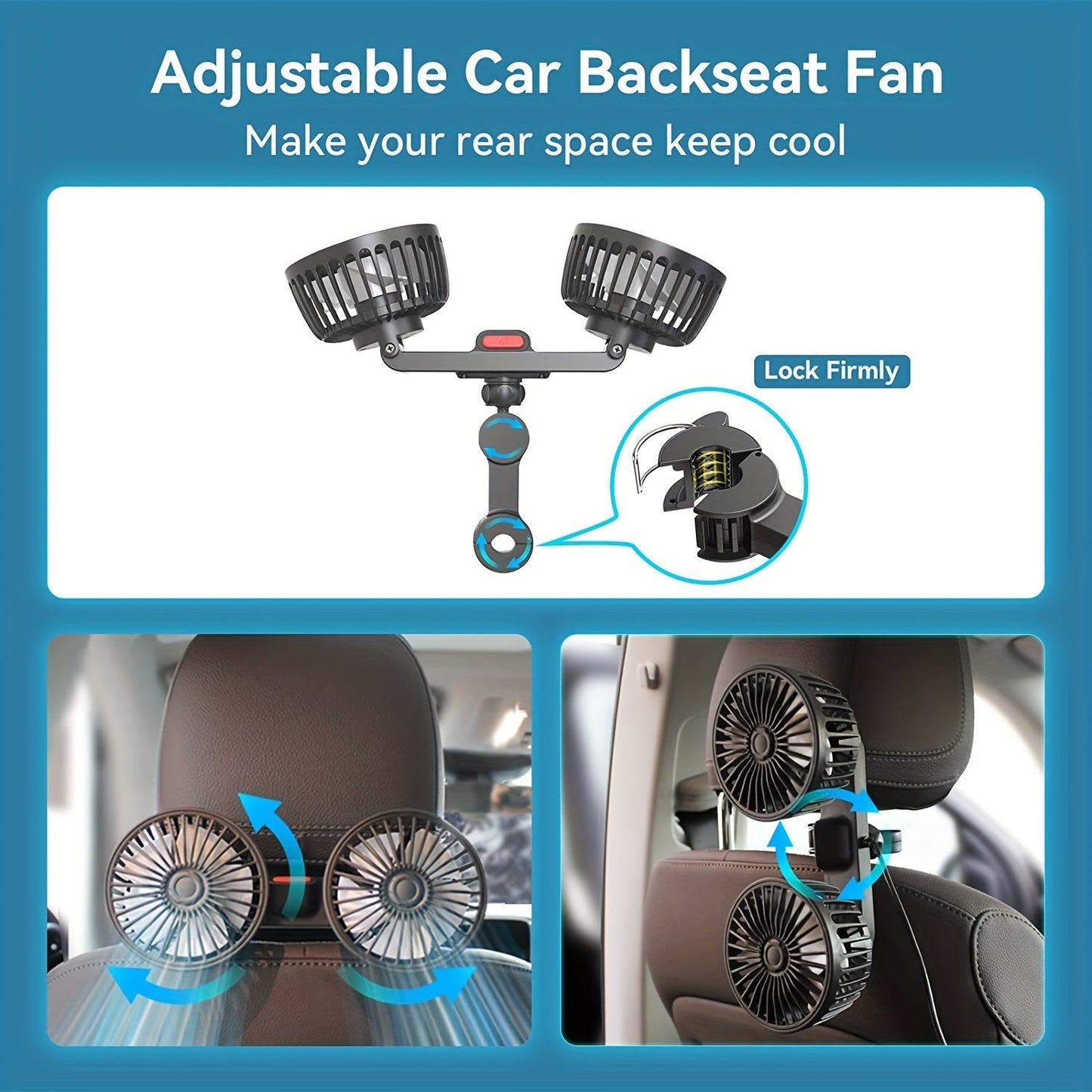 Introducing the Car Fan with a Powerful Rear Seat Back USB Interface Double-Head Electric Fan. Enjoy a strong wind with this small and portable fan that does not take up space in the car. Perfect for your beach vacation, picnic, summer travel, and back