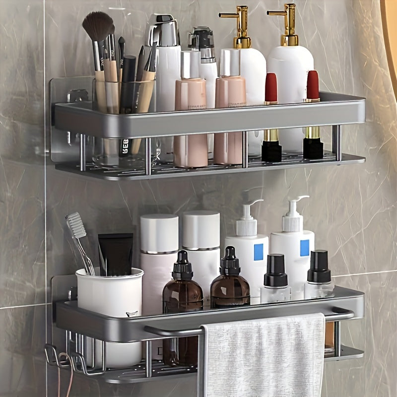 Rustproof metal shower caddy holds two bottles without drilling