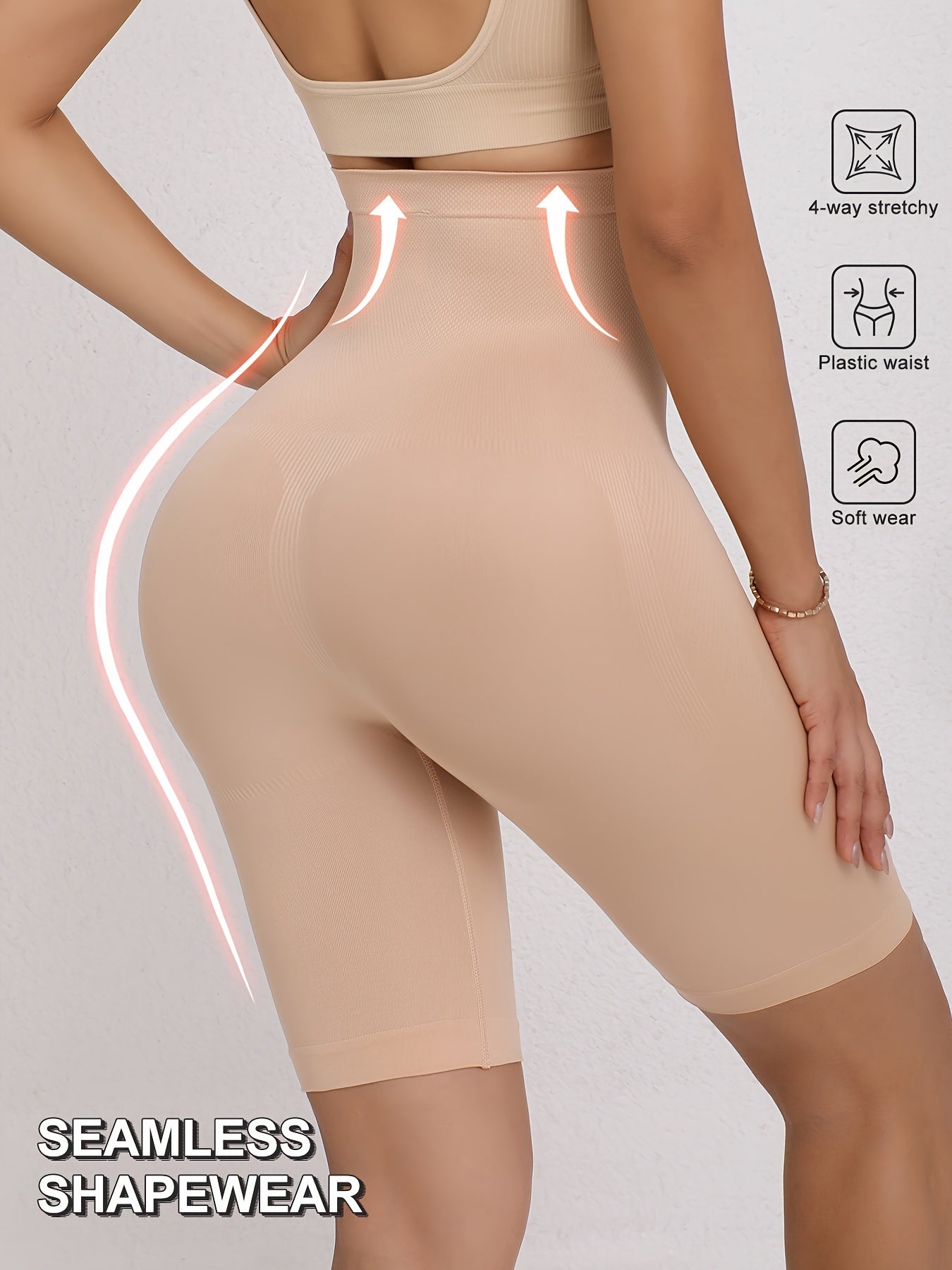 Seamless tummy control panties with waist cincher and butt lifter features, made from nylon and elastane blend.