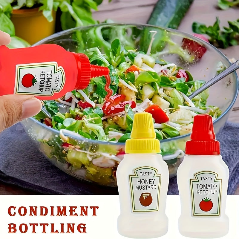 4 ta mini ketchup shishasi, har biri 25ml, harakatda foydalanish uchun ziravorlar. BPA dan xoli, ko'chma va qayta ishlatiladigan.