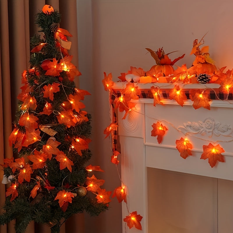 Stargirl rustic autumn maple leaf indoor LED string lights are battery powered for Thanksgiving and Halloween décor, featuring a harvest festival fabric leaf garland. Batteries not included.