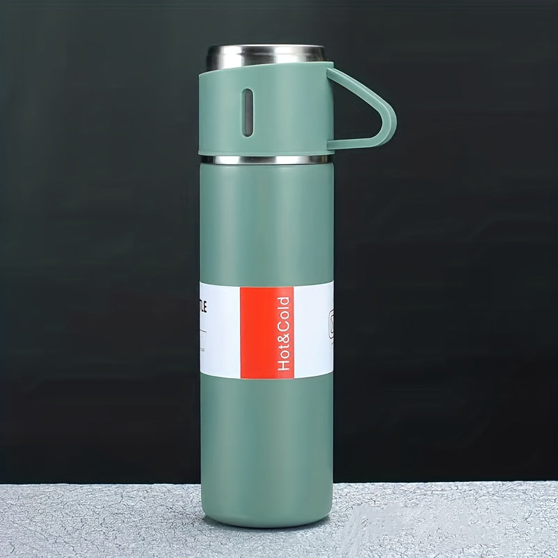 Stainless steel vacuum flask set with integrated cup, leakproof design, ideal for hot and cold beverages on the go.