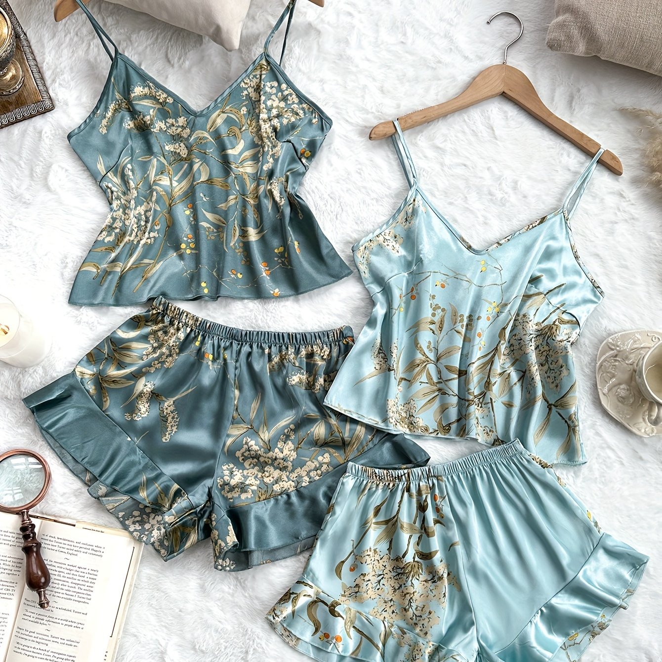 Floral Print Satin Pajama Set with V Neck Crop Cami Top & Ruffle Hem Shorts