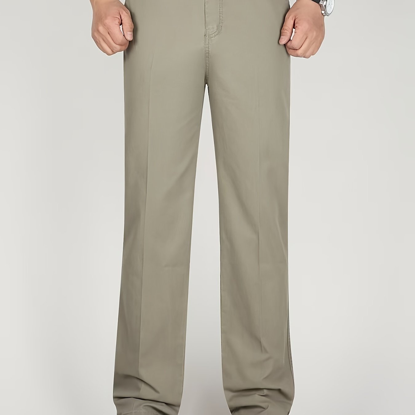 Men's solid straight leg business slacks with versatile draping, light business style.