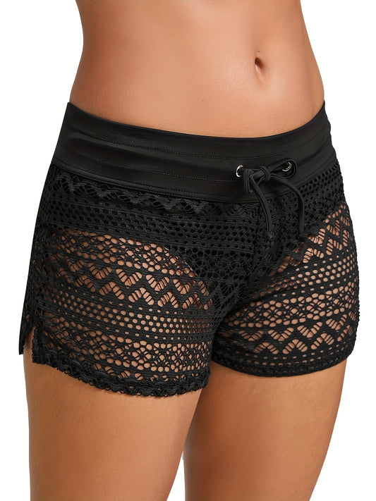 Women's Sexy Contrast Mesh Swim Shorts with Drawstring Tie Front and Low Waist Hollow Out Beach Bottoms for Holiday Swimwear