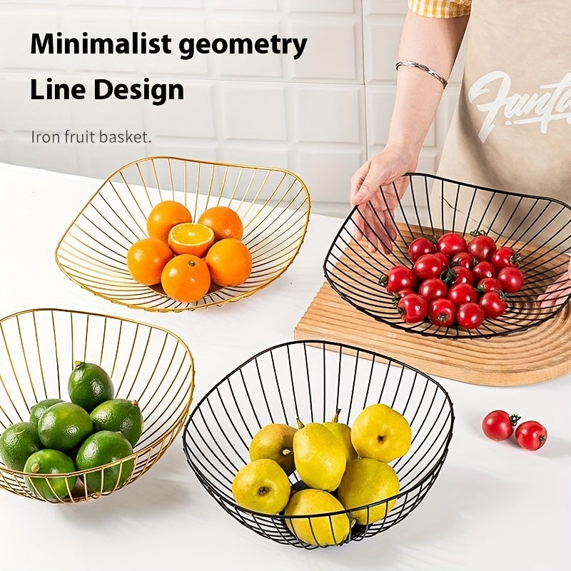 Rust-resistant golden metal wire fruit basket with non-drip mesh design, ideal for storing fruits in kitchen or living room décor.