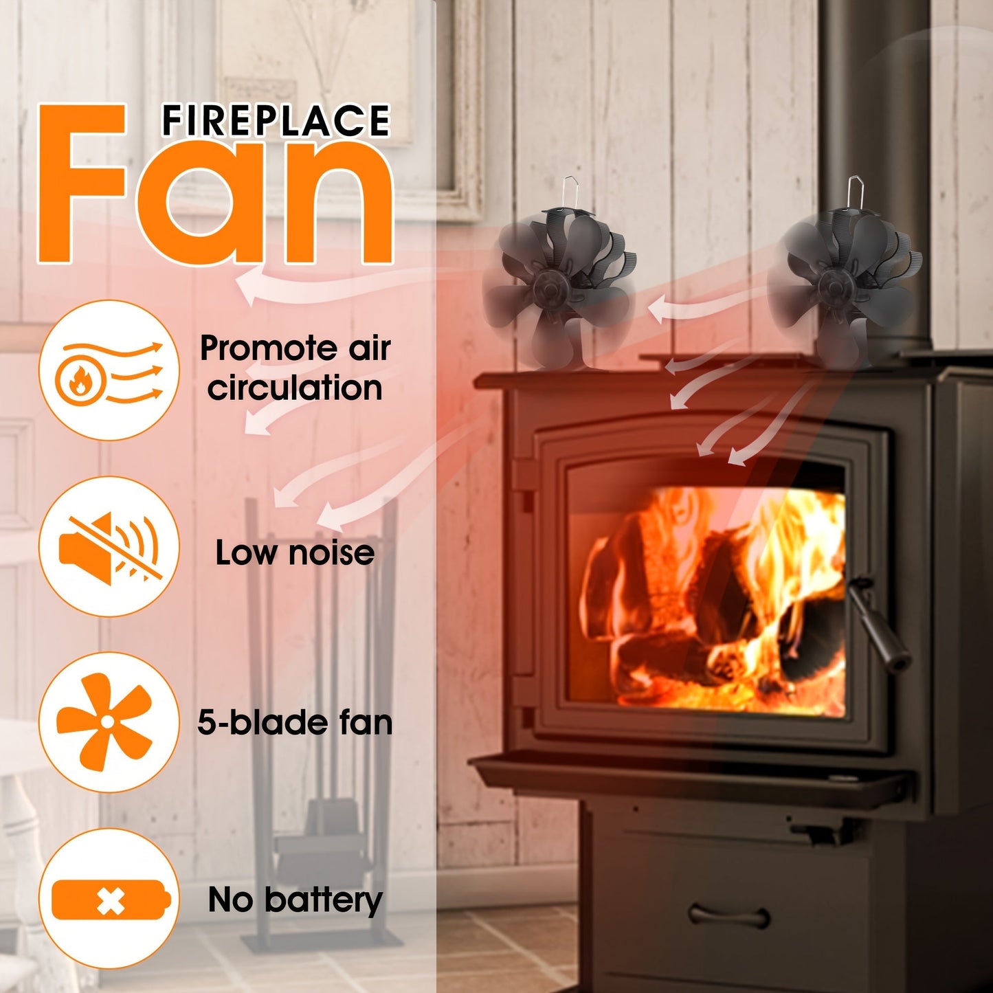 Fireplace Stove Fan, Log Burner Fan, and 5 Blade Fireplace Tool Sets with Overheat Protection. Efficient and Silent Black Heat Powered Fan for Cooler Heat. Household Gadget with Quiet Design.