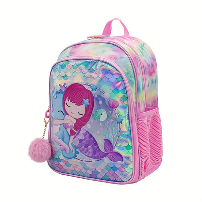 New 3-piece mermaid-themed student bag set includes a crossbody lunch bag, pen bag, and large capacity backpack suitable for school, travel, or outings. The backpack is lightweight and 16 inches in size.