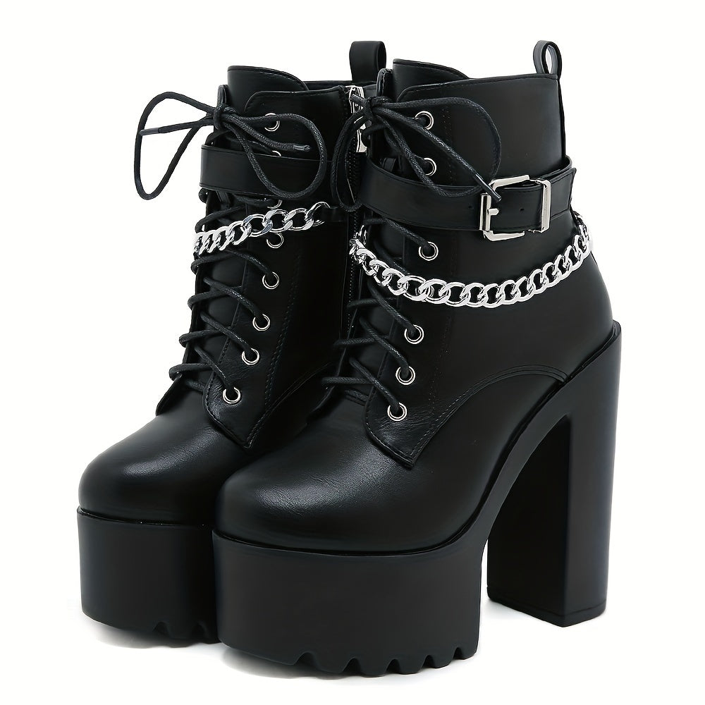 Women's stylish ankle boots with chain decor, block heel, lace-up, and side zipper.