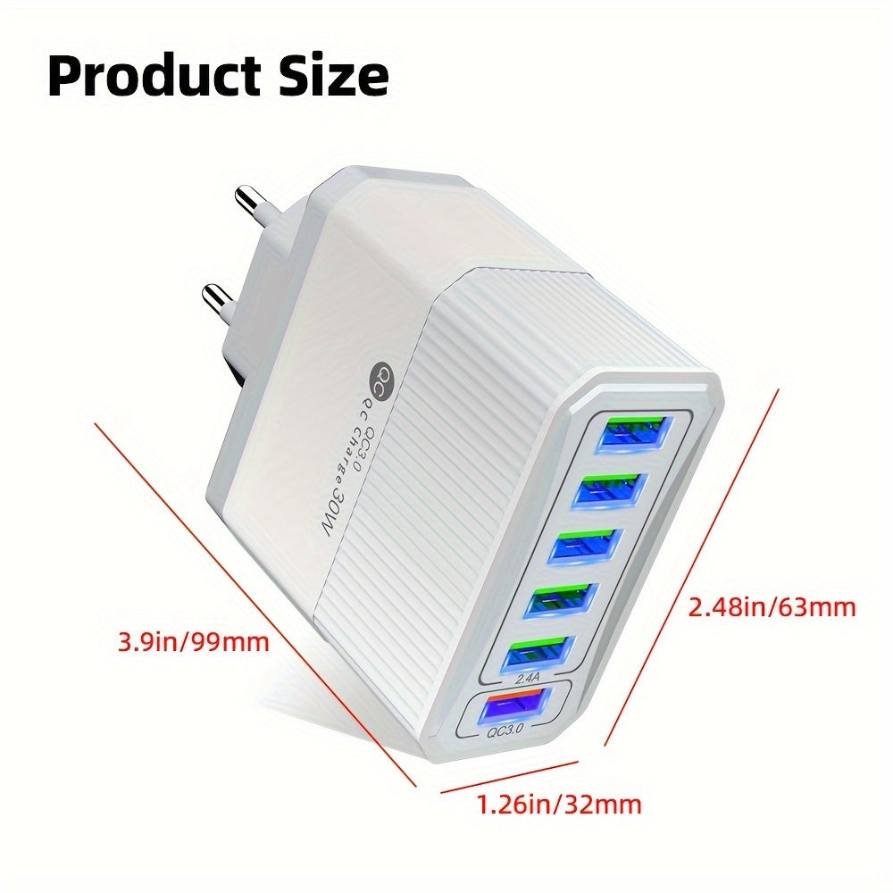 6-port USB wall adapter with 30W fast charging and QC 3.0, EU plug - ideal for mobile devices.