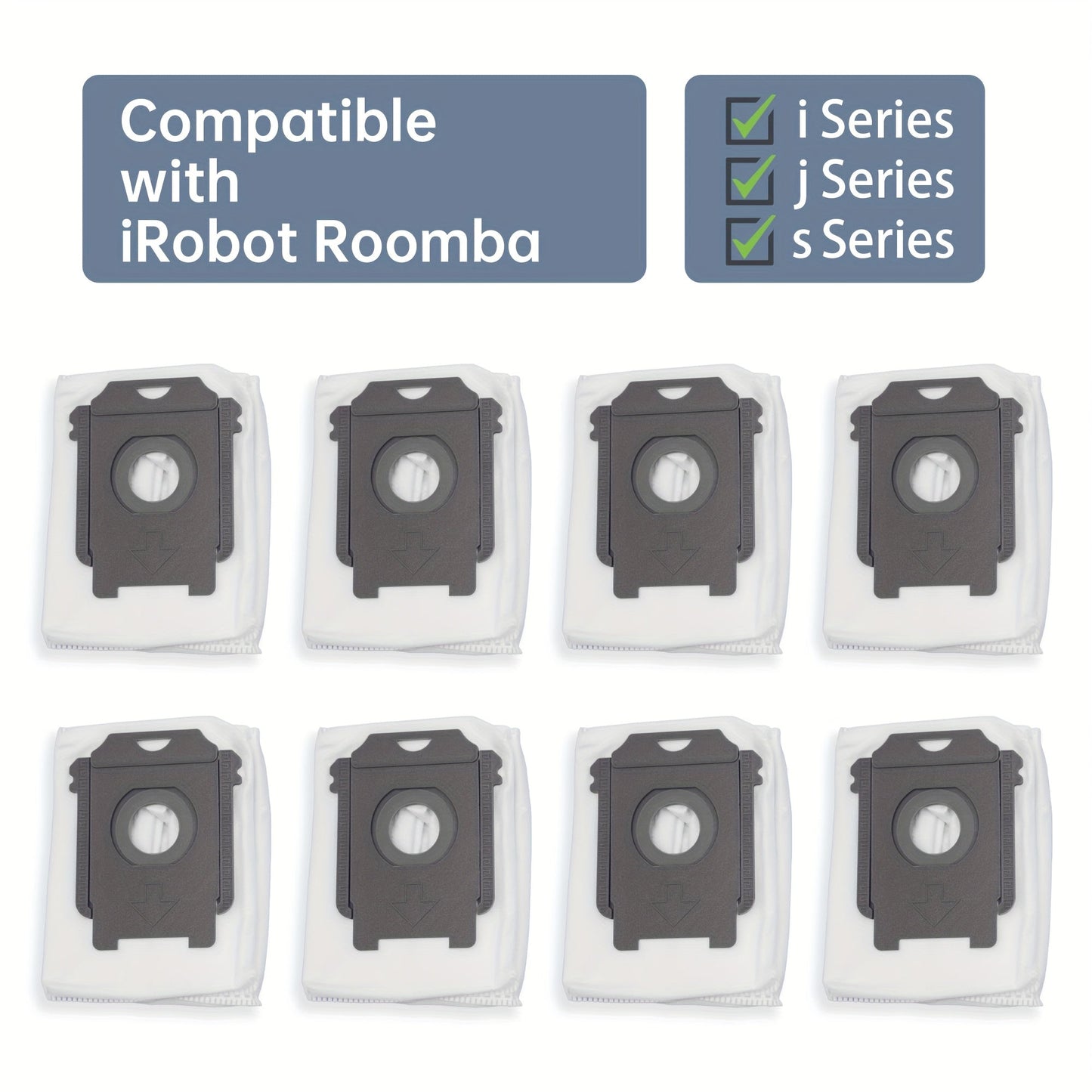 Replacement dust bags for iRobot Roomba, compatible with various models, featuring high-efficiency cloth filtration for optimal dust blocking. Suitable for i3, i4, S9, E5, and E6 models.