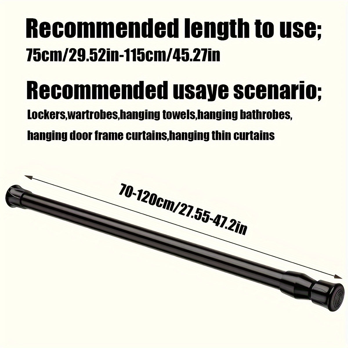 Easy-install telescopic rod with strong spring for shower curtains, door drapes, clothes hanging. Available in black, white, wood grain.