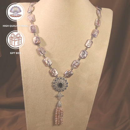 This elegant sweater necklace features a luxurious 5A Zirconia and high-quality purple square baroque natural pearl. Made with fine craftsmanship, it highlights both personality and fashion, ensuring comfortable wear. Perfect for a variety of occasions