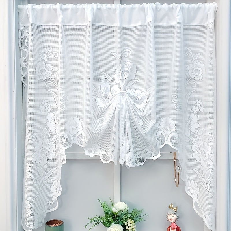 Elegant white lace flower print curtain, suitable for bedroom, living room, kitchen, and study. This rod pocket window treatment is perfect for home decor.