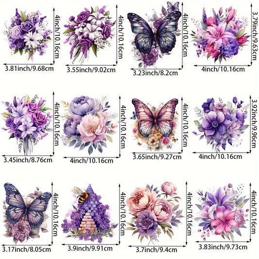 Iron on transfer stickers with a purple flower and butterfly theme in a set of 12 pieces, perfect for adding a floral touch to t-shirts, sweatshirts, hoodies, bags, and other clothing accessories.