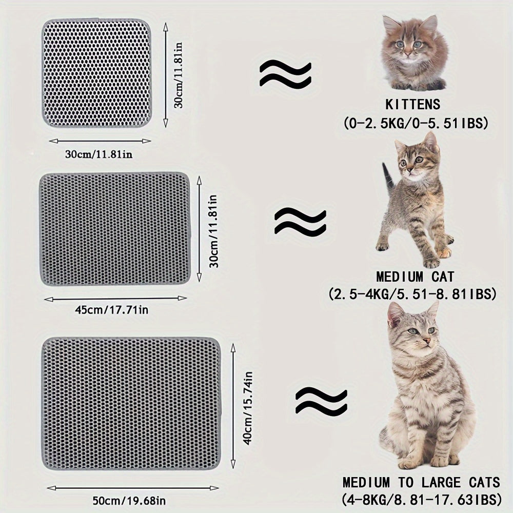 Gray double-layer cat litter mat prevents litter from being carried out or splashed. It is washable and helps control litter mess.