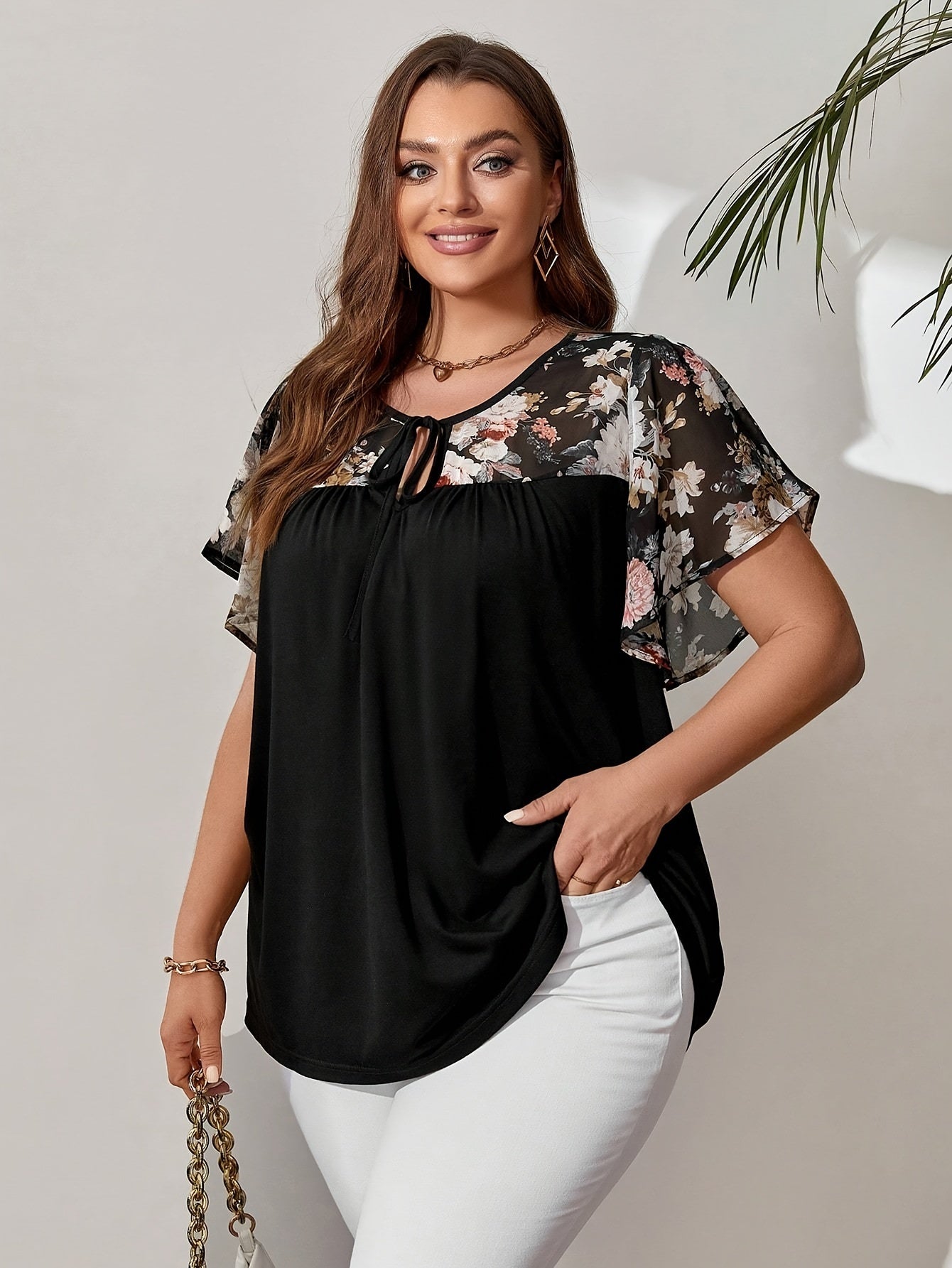 Plus Size Women's Elegant Black Floral Blouse with Tie-Front, Butterfly Sleeves, Lace-Like Fabric - Perfect for Spring & Summer.