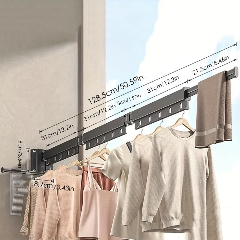 Folding Drying Rack made of Aluminum Alloy with Hooks, Wall Mount Clothes Hanger for Balcony, Laundry Room, Bathroom - Space-Saving Design, Retractable Clothesline with Metal Material