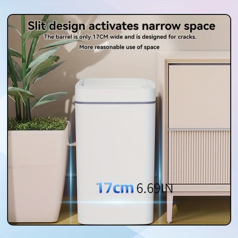 White smart trash can with automatic opening, infrared sensing, and button control for home and office use.