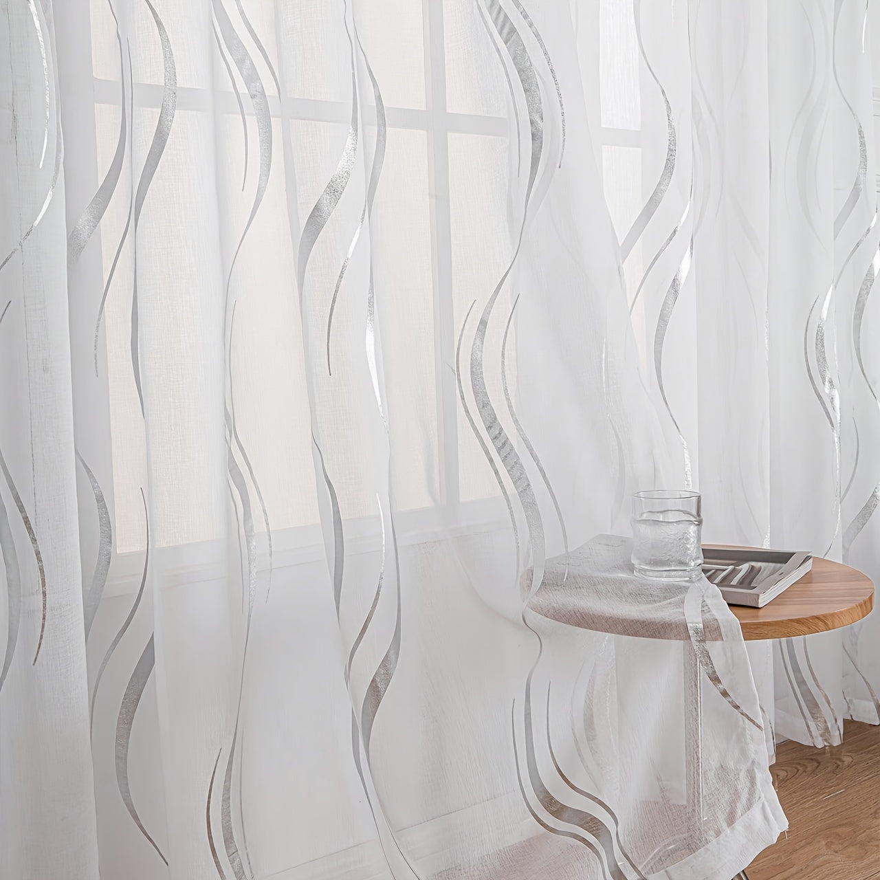 Black and white water ripple patterned curtain with silvery hot stamping for window screen, 1 piece.