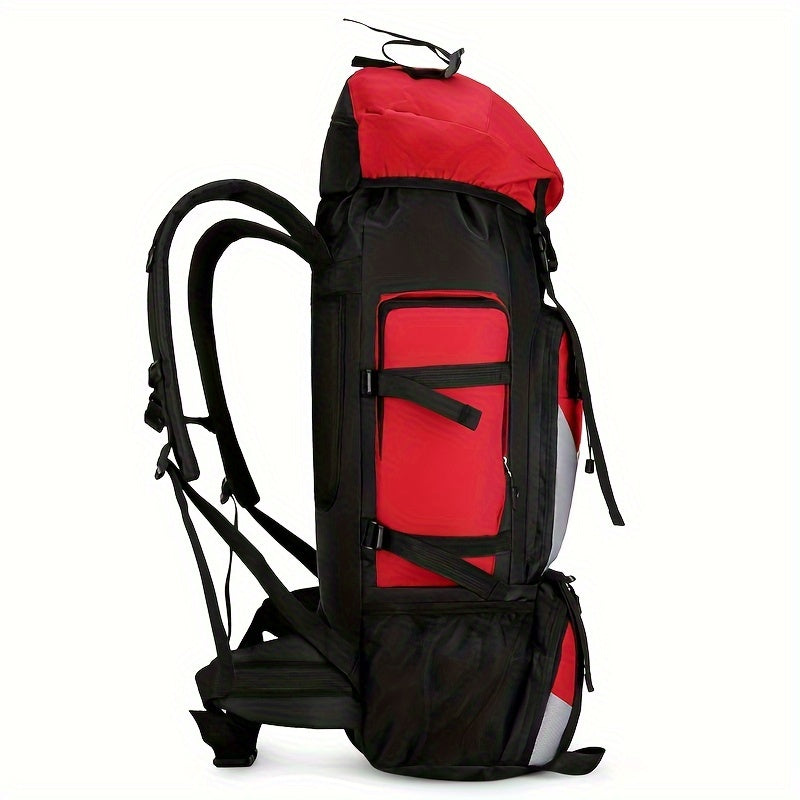 Lightweight, waterproof travel backpack with tablet compartment. Large capacity, durable nylon material with adjustable straps in red and black. Ideal for hiking, camping, and outdoor