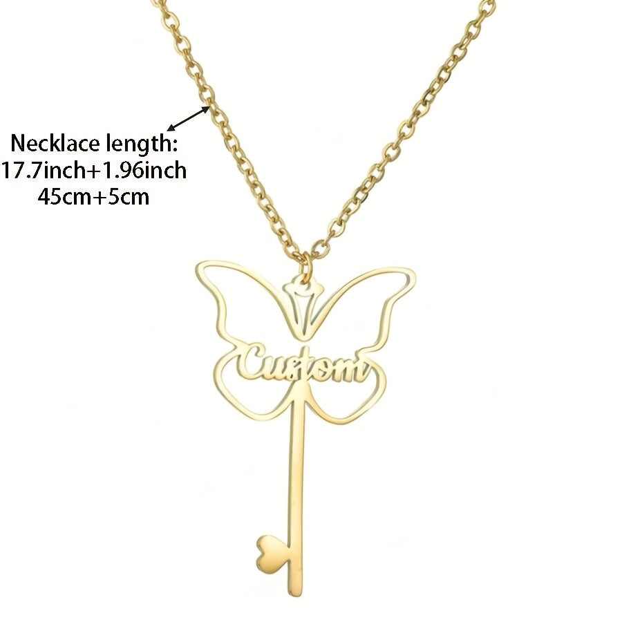 Exquisite Butterfly Key Pendant Necklace - Crafted from 18K Gold Plated Stainless Steel, Personalized with Your Name in English - Ideal for Everyday Outfits & Special Occasions like Valentine's Day, Mother's Day, and Christmas, Featuring a Unique Key