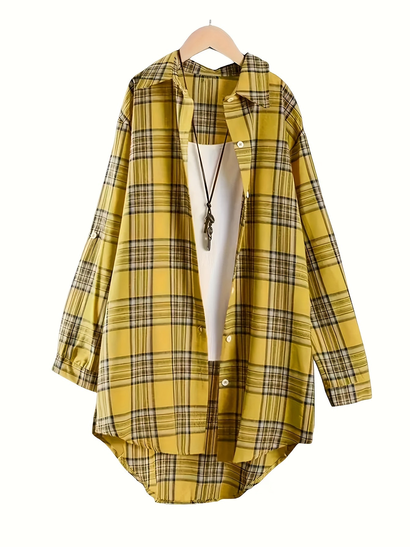 Plus size plaid shirt for women with lapel collar, long sleeves, and dipped hem. Made from 100% polyester with non-stretch woven fabric. Suitable for casual weekend wear in spring.