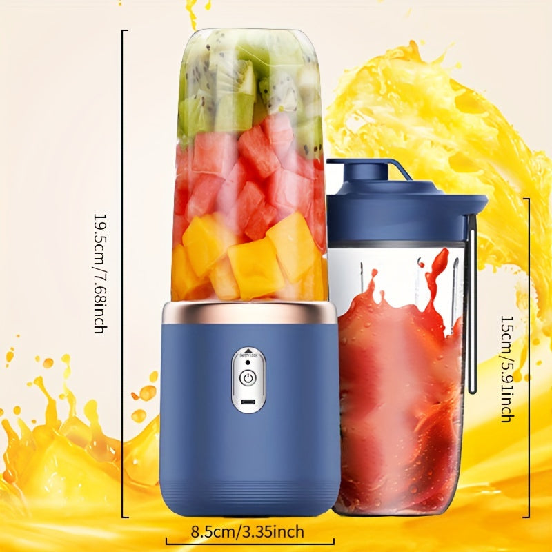 USB rechargeable juicer with 2 cups, fresh juice cup with sports lid, cordless portable blender with six-blade design for quick, smooth juicing. Ideal for fruits, beverages, and on-the-go use.