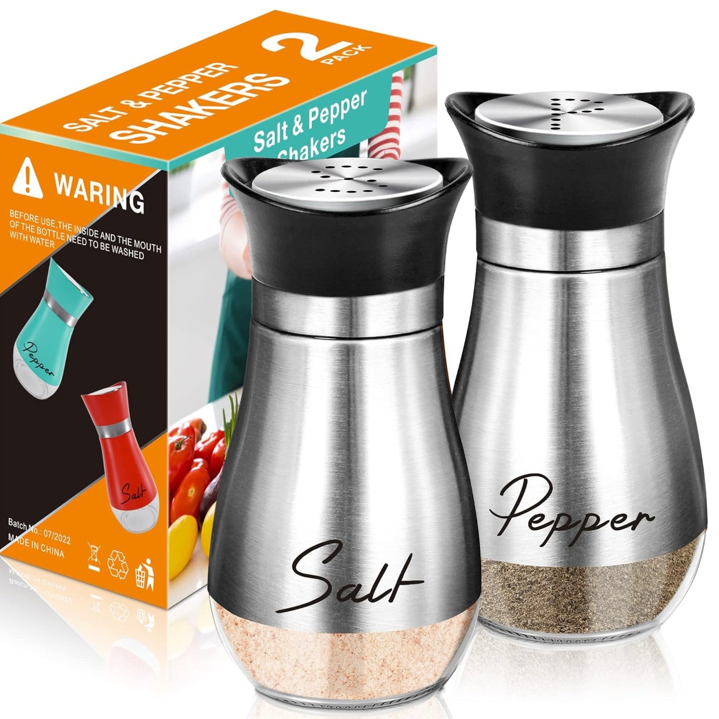 2-piece salt and pepper seasoning bottle set with 4 oz glass jars and stainless steel covers. Perfect for kitchen, dining, RV, camping, and barbecue. Can be refilled. Ideal for kitchen decor and as holiday gifts.