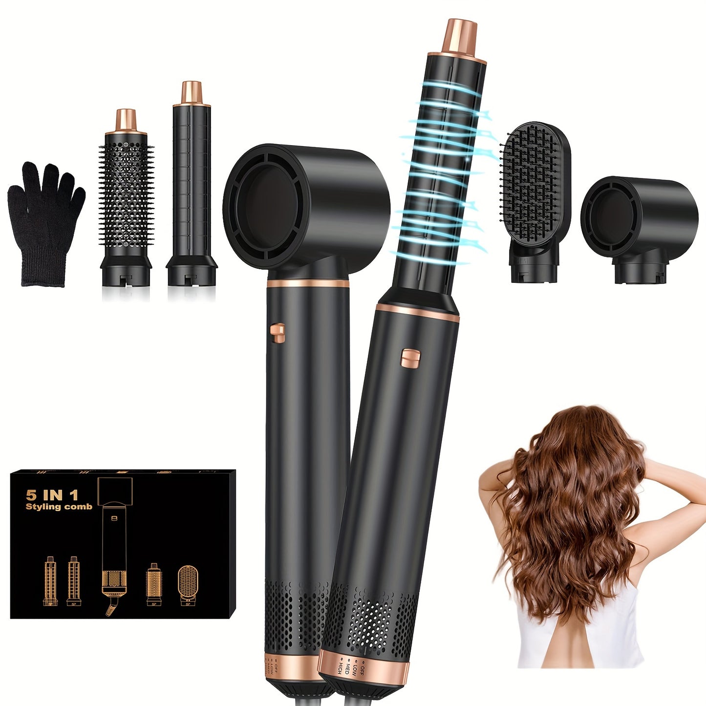 UKLISS 5-in-1 Hair Dryer Brush - Detachable Hot Air Curler & Straightener, Negative Ion Styling Tool for Drying, Curling & Straightening, 220V with US Plug