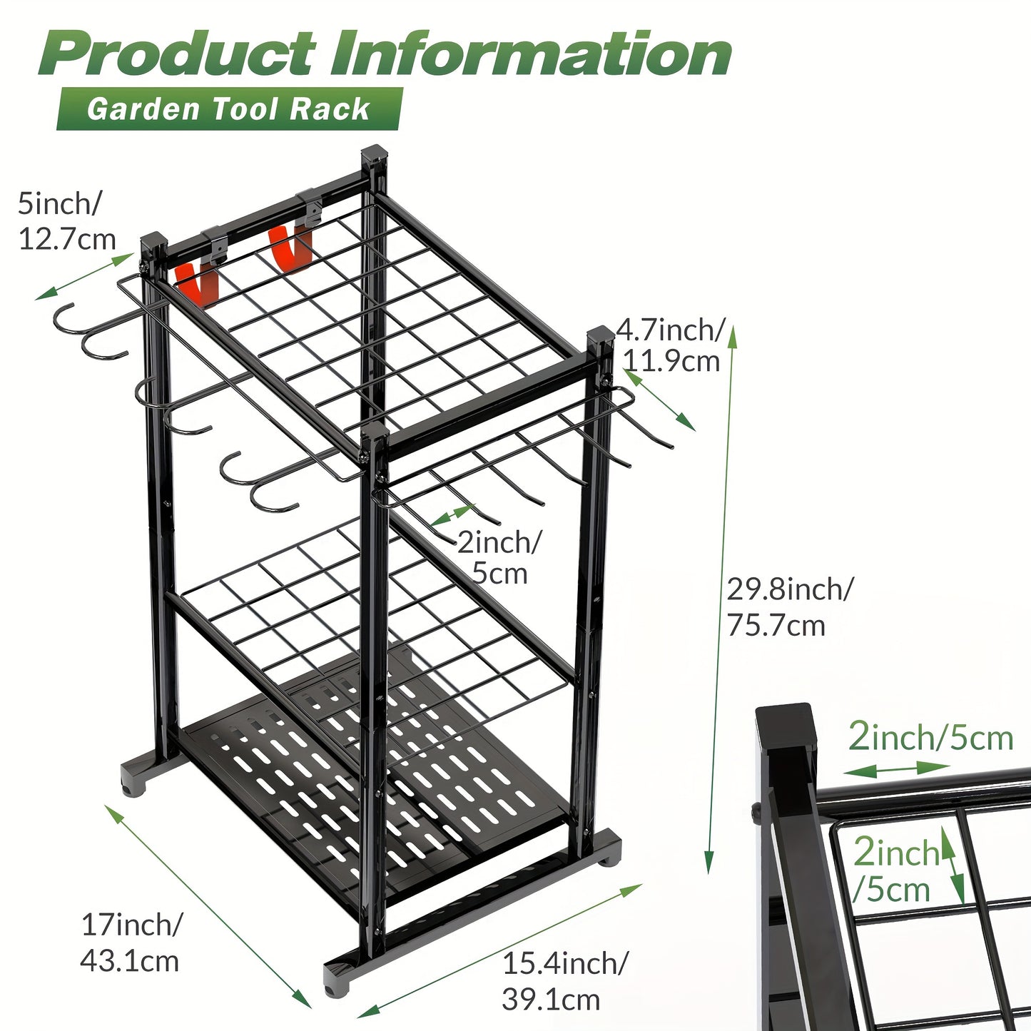 Durable black metal tool rack holds 50+ garden tools, adjustable and compact for garage or shed storage, with hooks for rakes and brooms.